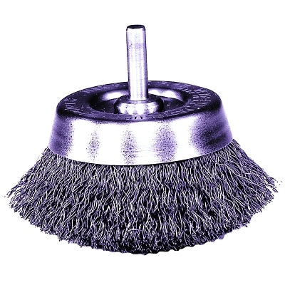 Crimped wire cup brush with shank, 2 1/2 in. diameter, 0.014 in. steel