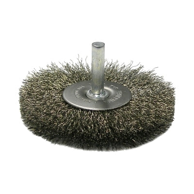 Crimped wire wheel with shank, 2" diameter, 3/8" wide, 0.0140" bristle diameter, stainless steel, 20,000 RPM