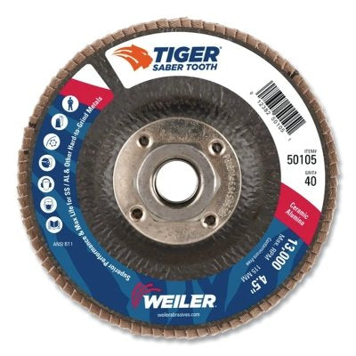 Saber Tooth ceramic flap discs, 7, grit 40, 5/8 arbor, 12,000 rpm