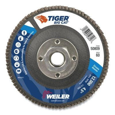 Disco de láminas de alta densidad Tiger® Big Cat®, 7" de diámetro, grano 60, eje de 7/8", 8600 RPM, tipo 27
