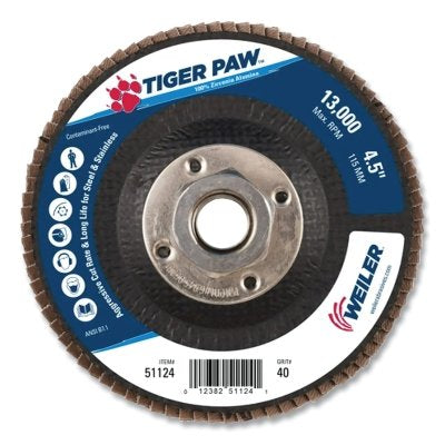 Tiger Paw™ TY29 coated flap disc, 7", grit 60, 5/8" arbor, 8600 RPM