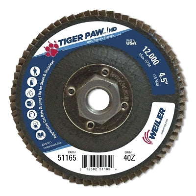 Tiger Paw™ High Density Flap Disc, 7" Diameter, Grit 40, 7/8" Arbor, 8600 RPM, Type 27 Flat