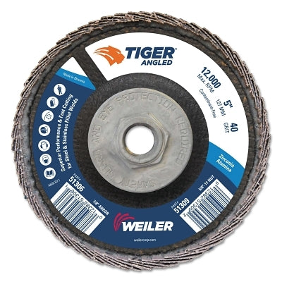 Tiger angle flap disc, 5 inch diameter, 40 grit, 5/8 in.-11 arbor, 12,000 rpm