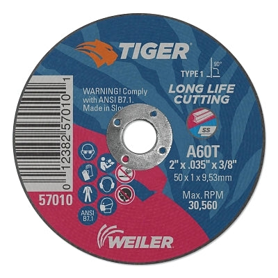 Rueda de corte Tiger® AO, 2 pulg. de diámetro x 0,035 pulg. de grosor, eje de 3/8 pulg., A60T, tipo 1