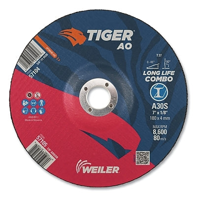 Tiger® AO Type 27 Combination Cutting/Grinding Wheel, 7 in. Diameter, 1/8 in. Thickness, 7/8 in. Diameter Mandrel, 30 Grit, Aluminum Oxide