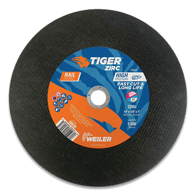 Rueda de corte grande para sierra de alta velocidad Tiger® Zirc Rail tipo 1, 16" de diámetro x 1/8", orificio de mandril de 1", Z24U