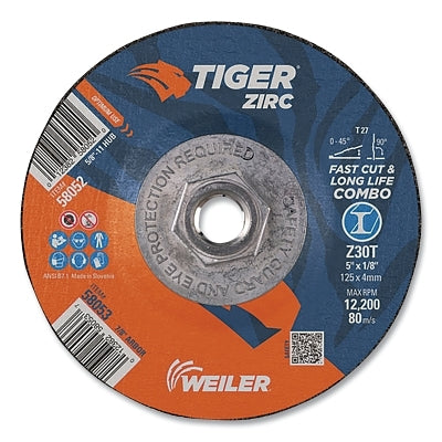 Rueda combinada de corte/desbaste Tiger® Zirc tipo 27, 7" de diámetro x 1/8" de espesor, mandril de 7/8" de diámetro, Z30T