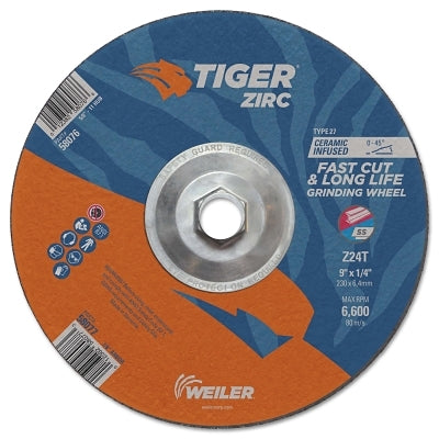 Muela de amolar Tiger®, 9 pulg. de diámetro x 1/4 pulg. de grosor x mandril de 7/8 pulg., grano 24, alúmina de zirconio, tipo 27, 10 unidades por caja