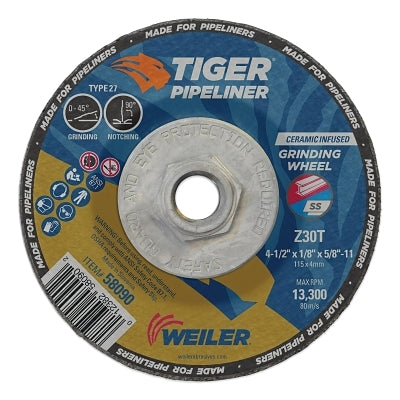 Tiger® Pipeliner Grinding Wheel, 6" Diameter x 1/8" Thick x 5/8"-11 Hub, Z30T, Type 27