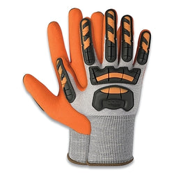 I2477 High Visibility Gloves, Cut and Impact Resistant, Stainless Steel, Fiberglass, HPPE, Nylon, Lycra, Small Size, High Visibility Orange/Gray/Black