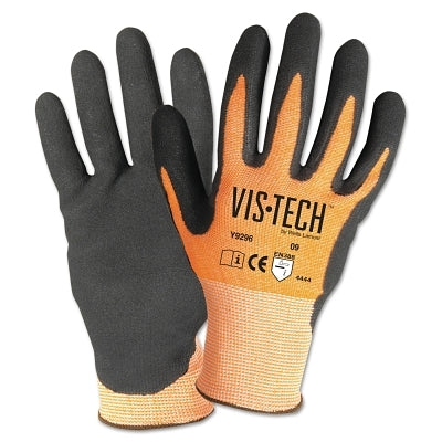 Guantes resistentes a cortes Vis-Tech con palma recubierta de nitrilo, talla extra pequeña, color naranja/negro