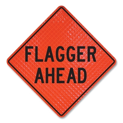 Quadra Flex™ "Ahead" roll-up sign, fluorescent orange, 122 cm long and 122 cm wide