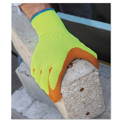 High-visibility latex-coated gloves, small size, fluorescent yellow/orange