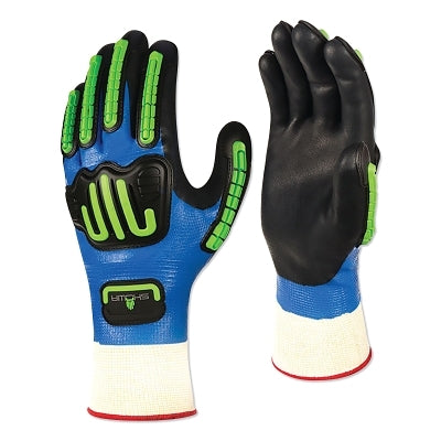 377-IP Impact Protection Gloves with Nitrile/Nitrile Foam Coating, Size 7/Medium, Black/Blue/Fluorescent Green/White