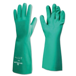 Nitrile gloves with chemical protection, 15-inch cuffs, unlined and unsupported, size 10/extra large, green, 22 mil thickness