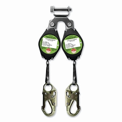 Línea de vida autorretráctil doble clase A, 1.8 m, conector de arnés doble, 136 kg, gancho de seguridad de acero, 2 patas