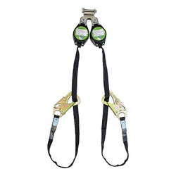 Self-retracting lanyard lifeline device, 9 ft, double harness connector, 300 lb, steel lanyard safety hook, 2 legs