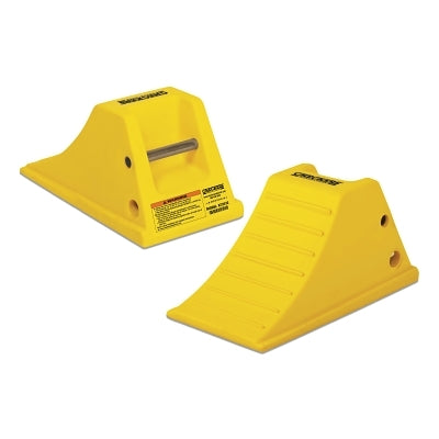 Heavy-duty off-road wheel chock, 150,000 lb load capacity, fits 36-46 inch tires, yellow, includes rubber pads