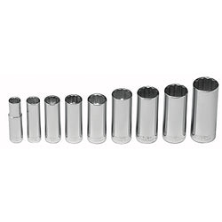 Set of 9 deep socket wrenches: 3/8 in, 7/16 in, 1/2 in, 9/16 in, 5/8 in, 11/16 in, 3/4 in, 13/16 in, 7/8 in.