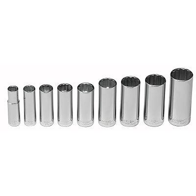 Set of 9 deep socket wrenches: 3/8 in, 7/16 in, 1/2 in, 9/16 in, 5/8 in, 11/16 in, 3/4 in, 13/16 in, 7/8 in.