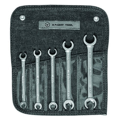 Set of 5 wrenches for flare nuts: (1) 9 x 11 mm; (1) 10 x 12 mm; (1) 13 x 14 mm; (1) 15 x 17 mm; (1) 19 x 21 mm