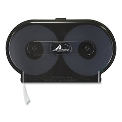 Toilet paper dispenser, with capacity for 2 standard rolls, smoked plastic cover and black steel base.