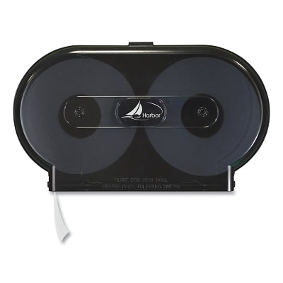 Toilet paper dispenser, with capacity for 2 standard rolls, smoked plastic cover and black steel base.