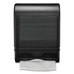 Folding towel dispenser, wall mounted, smoked plastic cover with black steel base