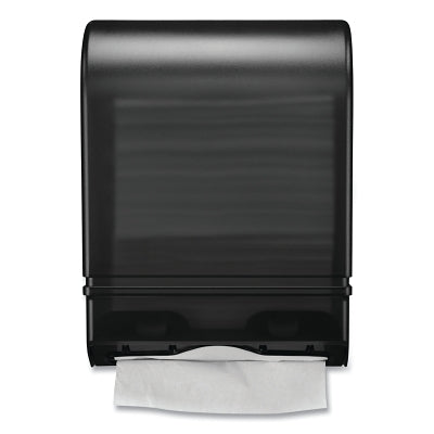 Folding towel dispenser, wall mounted, smoked plastic cover with black steel base