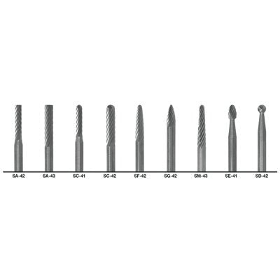 1855 General Purpose Solid Carbide Burr Set, 9 Pieces, 1/4 in. Diameter Cut, 1/8 in. Diameter A Shank, Double Cut