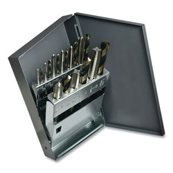 Set of 18 manual taps with Jobber drill bits and shiny cap, black and gold