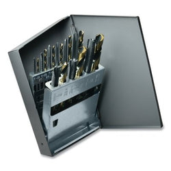 18-piece set of standard length spiral point taps and drill bits, black and gold, heavy strength