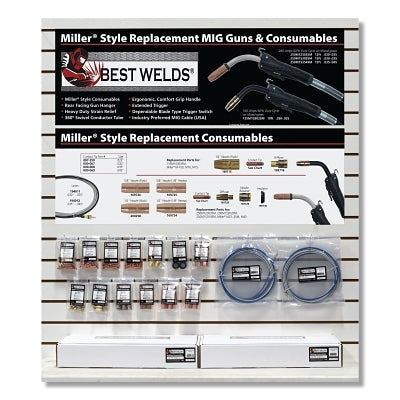 Display of MIG guns and Miller® style replacement consumables