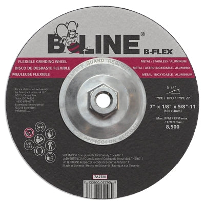 Rueda flexible de centro hundido, 7" de diámetro, 1/8" de grosor, mandril de 5/8"-11, grano 46, óxido de aluminio