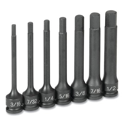 Impact screwdriver set, 3/8" drive, metric system, sizes 4mm to 12mm, 150mm total length, 7 pieces, 6" hex length
