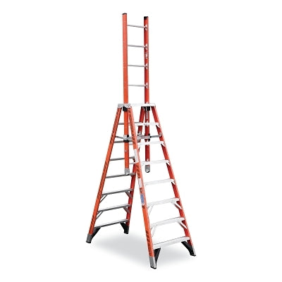 Fiberglass extension trestle ladder, E7414, type IA, 4.3 m long, 113.5 cm wide, 5.5 m reach, 136 kg load capacity, orange color