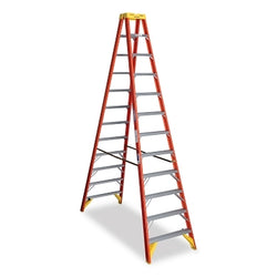 Double fiberglass ladder, T6008, type I, 2.4 m long, 3.7 m reach, 63.5 cm wide, load capacity of 113 kg per side, orange color