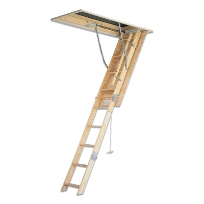 Attic ladder, W2508, 8 ft tall, 54 in long, 25 in wide, 250 lb load capacity, pull rope, wood