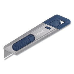 Cuchillo de seguridad Metti MD™, autorretráctil, deslizante, puntiagudo, de plástico, con detección de metales, gris/azul