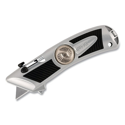 QBAR® Smart-Retract Safety Knife, 3 Buttons, Aluminum, Holds 5 Additional Blades, Silver/Black