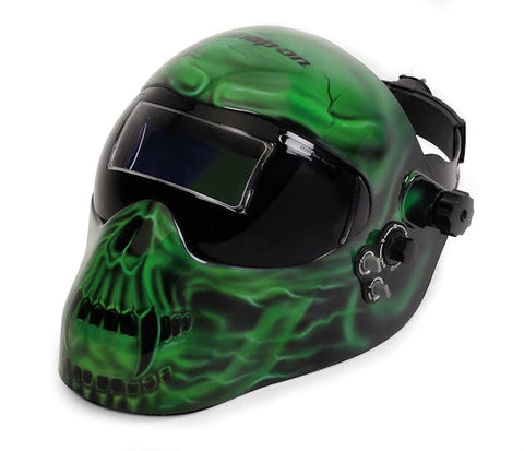 Casco de soldadura ajustable con oscurecimiento automático y función de esmerilado (calavera verde)