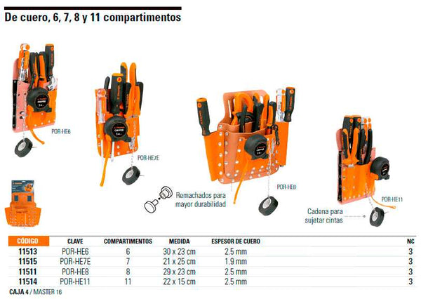 Porta herramientas de cuero uso profesional TRUPER con 8 compartimientos  Mod. POHE-8CU - Vaqueiros Ferreteros
