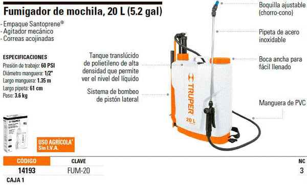 Fumigador de mochila 20 litros Clave FUM 20 HEMUSA