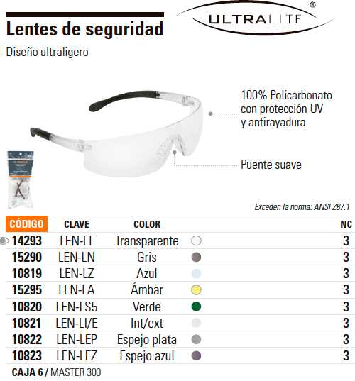 Lentes de seguridad, transparente, Ultralite Clave-LEN-LT