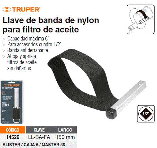 Llave de banda de nylon 6 para filtro de aceite, Truper, Llaves De Banda Para  Filtro De Aceite, 14526