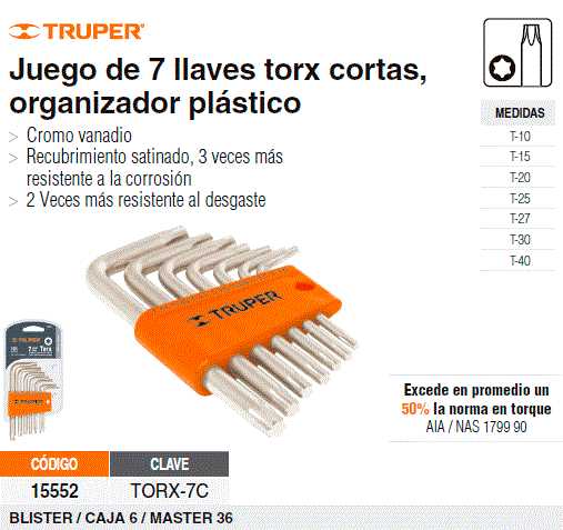Juego De 7 Llaves Torx Largas Organizador Plastico Abatible Truper