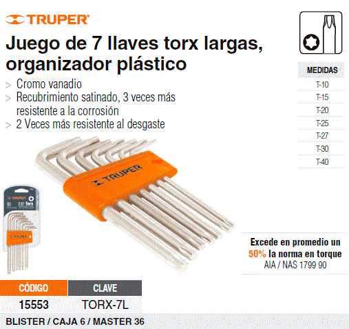 Colono Construccion - JUEGO 7 PIEZAS LLAVE TORX TORX-7L 15553