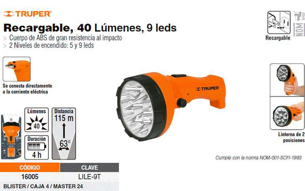 Linterna Recargable Led 150 Lumens Mod. Lile-9t Ref. 16005 Marca Trupe