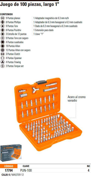 Juego de Puntas para Desarmador 100 pz Largo 1 TRUPER