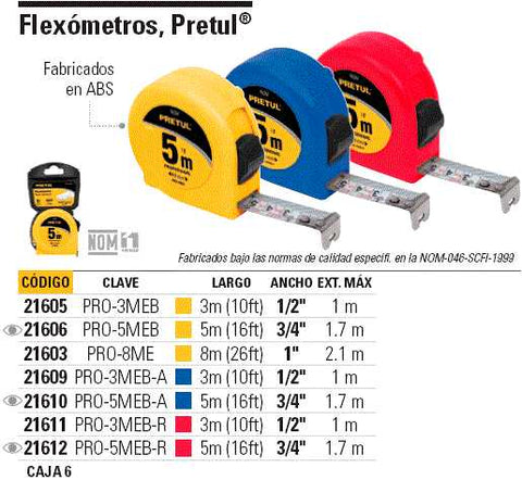 Flexómetros en tarjeta plástica 5 m, Pretul, Flexómetros